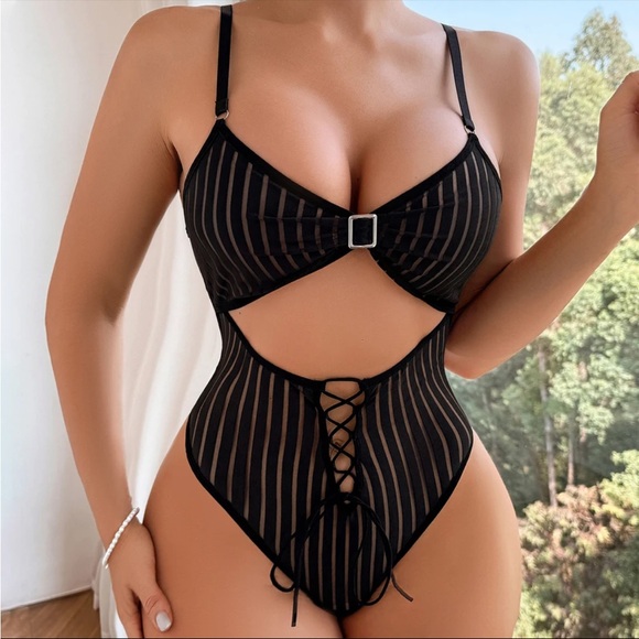 Black Pinstripe Cut Out Tie Up Sexy Lingerie Bodysuit - Picture 8 of 13